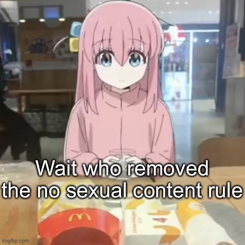Bocchi at mc Donalds | Wait who removed the no sexual content rule | image tagged in bocchi at mc donalds | made w/ Imgflip meme maker