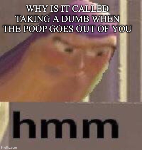 Low quality meme | WHY IS IT CALLED TAKING A DUMB WHEN THE POOP GOES OUT OF YOU | image tagged in buzz lightyear hmm,dump | made w/ Imgflip meme maker