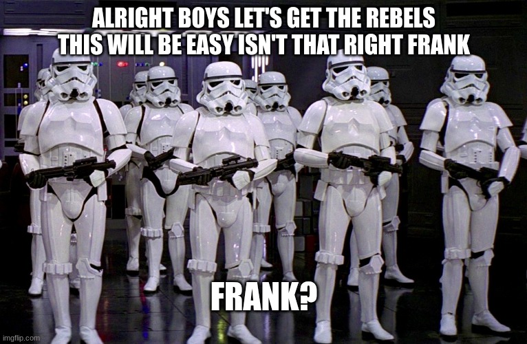 Imperial Stormtroopers  | ALRIGHT BOYS LET'S GET THE REBELS THIS WILL BE EASY ISN'T THAT RIGHT FRANK; FRANK? | image tagged in imperial stormtroopers | made w/ Imgflip meme maker