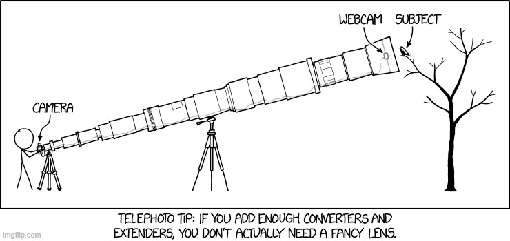 1855 - Telephoto | image tagged in xkcd,telescope,telescopes,xkcdcomics,comics,comics/cartoons | made w/ Imgflip meme maker