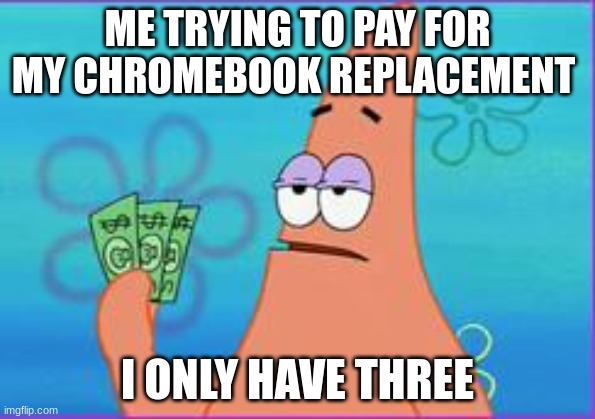 Patrick star three dollars | ME TRYING TO PAY FOR MY CHROMEBOOK REPLACEMENT; I ONLY HAVE THREE | image tagged in patrick star three dollars | made w/ Imgflip meme maker