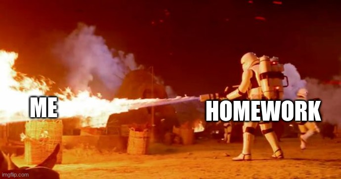 Stormtrooper Flamethower | HOMEWORK; ME | image tagged in stormtrooper flamethower | made w/ Imgflip meme maker