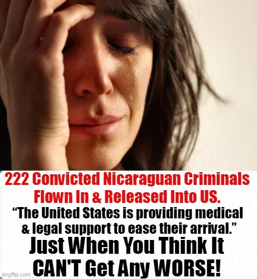 Parallel Universe? Don't We Have ENOUGH Criminals? | 222 Convicted Nicaraguan Criminals 
Flown In & Released Into US. “The United States is providing medical 
& legal support to ease their arrival.”; Just When You Think It 
CAN'T Get Any WORSE! | image tagged in first world problems,politics,joe biden,convicted criminals,insanity,america last | made w/ Imgflip meme maker