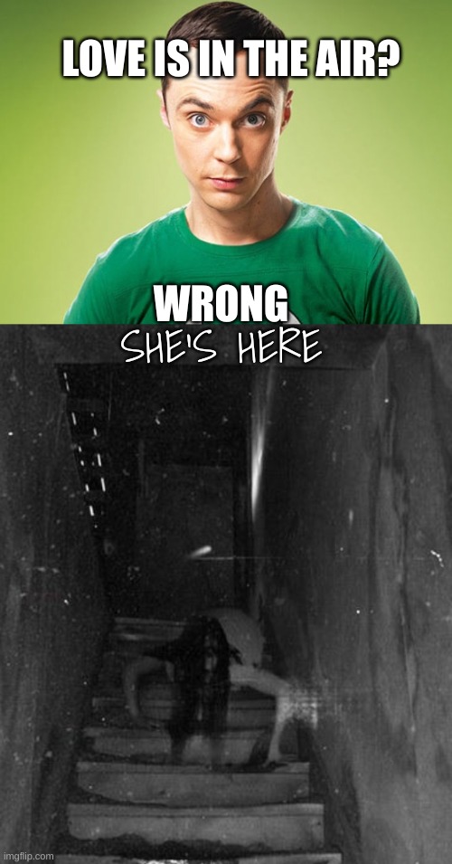 LOVE IS IN THE AIR? WRONG; SHE'S HERE | image tagged in sheldon cooper,creepy basement girl | made w/ Imgflip meme maker