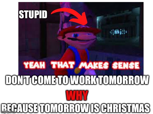 STUPID; DON’T COME TO WORK TOMORROW; WHY; BECAUSE TOMORROW IS CHRISTMAS | made w/ Imgflip meme maker