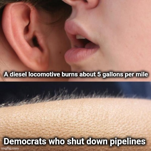 Whisper and Goosebumps | A diesel locomotive burns about 5 gallons per mile Democrats who shut down pipelines | image tagged in whisper and goosebumps | made w/ Imgflip meme maker