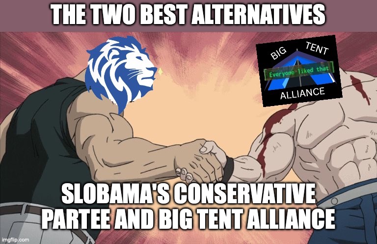 Conservative Party alliance Big Tent Alliance | THE TWO BEST ALTERNATIVES SLOBAMA'S CONSERVATIVE PARTEE AND BIG TENT ALLIANCE | image tagged in conservative party alliance big tent alliance | made w/ Imgflip meme maker