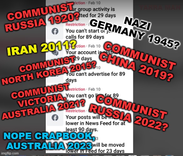 Facebook Australia | COMMUNIST RUSSIA 1920? YARRA MAN; NAZI GERMANY 1945? IRAN 2011? COMMUNIST CHINA 2019? COMMUNIST NORTH KOREA 2015? COMMUNIST VICTORIA, AUSTRALIA 2021? COMMUNIST RUSSIA 2022? NOPE CRAPBOOK, AUSTRALIA 2023 | image tagged in communist china,north korea,victoria asutralia,russia,iran,afghanistan | made w/ Imgflip meme maker