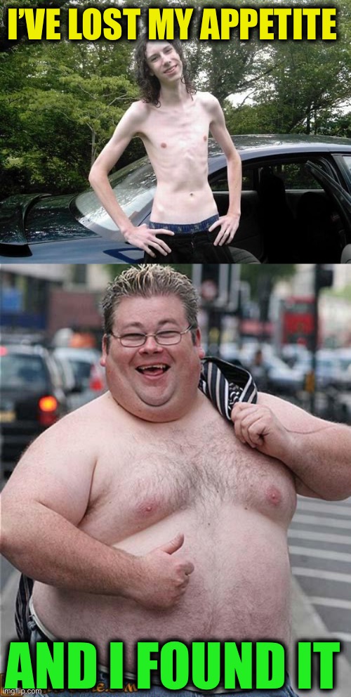 Finders Eaters :-) | I’VE LOST MY APPETITE; AND I FOUND IT | image tagged in skinny guy,fat guy | made w/ Imgflip meme maker