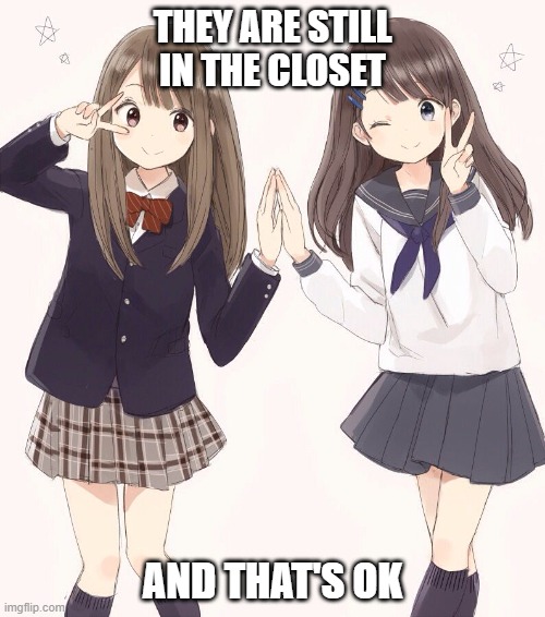 I like anime, I am also "in the closet" about many things so I made this meme to show my support for LGBTQ | THEY ARE STILL IN THE CLOSET; AND THAT'S OK | image tagged in japanese schoolgirl friendship,art,nasuna,lesbians,yuri | made w/ Imgflip meme maker