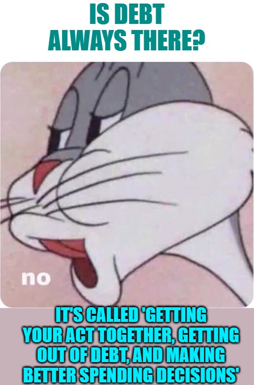 Bugs Bunny No | IS DEBT ALWAYS THERE? IT'S CALLED 'GETTING YOUR ACT TOGETHER, GETTING OUT OF DEBT, AND MAKING BETTER SPENDING DECISIONS' | image tagged in bugs bunny no | made w/ Imgflip meme maker