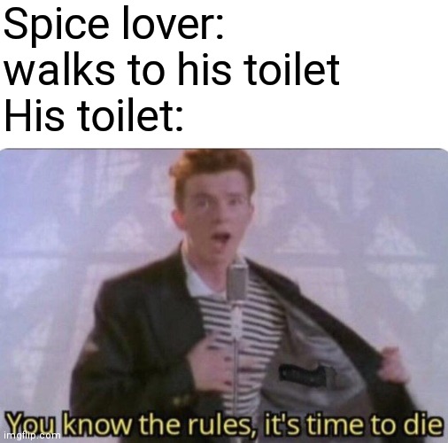 You know the rules its time to die | Spice lover: walks to his toilet
His toilet: | image tagged in you know the rules its time to die,spicy,spice,chili,red hot chili peppers,toilet | made w/ Imgflip meme maker