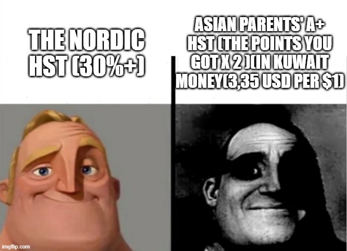 Worst tax ever | ASIAN PARENTS' A+ HST (THE POINTS YOU GOT X 2 )(IN KUWAIT MONEY(3,35 USD PER $1); THE NORDIC HST (30%+) | image tagged in teacher's copy,harmonified sales tax,taxes,tax | made w/ Imgflip meme maker