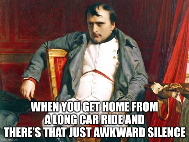 . | WHEN YOU GET HOME FROM A LONG CAR RIDE AND THERE’S THAT JUST AWKWARD SILENCE | image tagged in bored napoleon | made w/ Imgflip meme maker