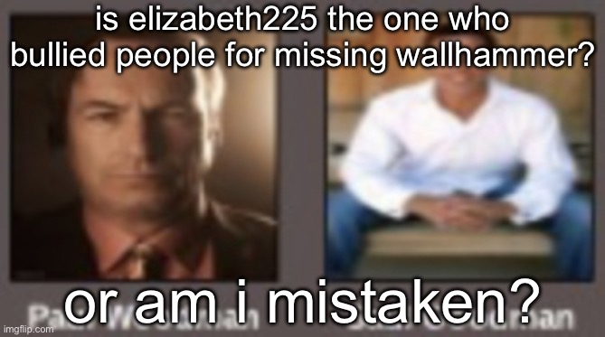 paul vs saul | is elizabeth225 the one who bullied people for missing wallhammer? or am i mistaken? | image tagged in paul vs saul | made w/ Imgflip meme maker