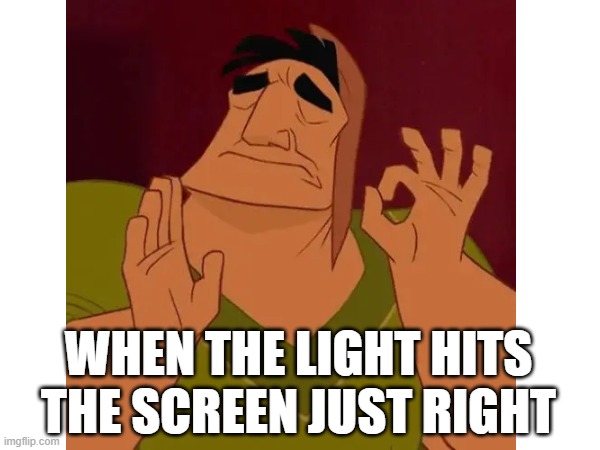 The sun just wanted to remind you how dirty your computer screen is | WHEN THE LIGHT HITS THE SCREEN JUST RIGHT | image tagged in pacha perfect | made w/ Imgflip meme maker