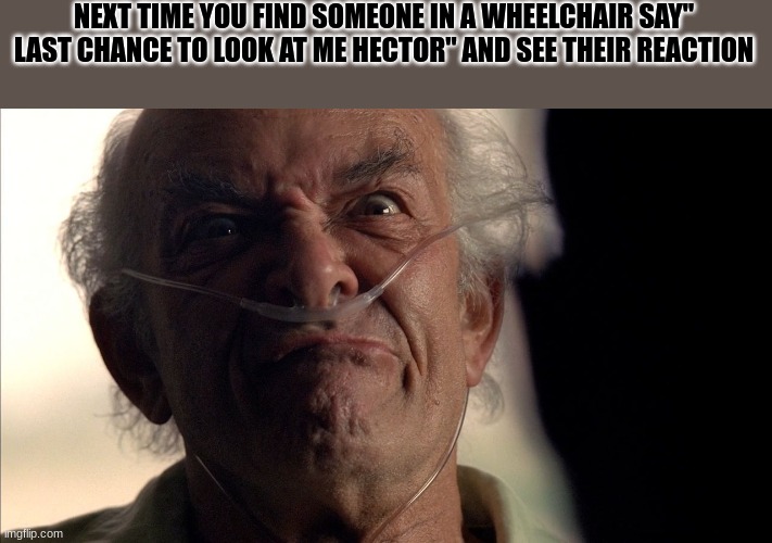 just do it for the funny | NEXT TIME YOU FIND SOMEONE IN A WHEELCHAIR SAY" LAST CHANCE TO LOOK AT ME HECTOR" AND SEE THEIR REACTION | image tagged in hector salamanca | made w/ Imgflip meme maker