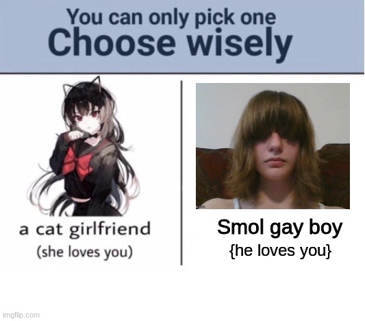 Choose wisely | Smol gay boy; {he loves you} | image tagged in choose wisely | made w/ Imgflip meme maker