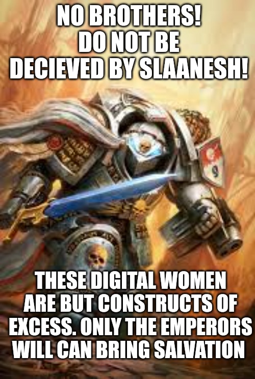 Do not allow heresy to prosper | NO BROTHERS! DO NOT BE DECIEVED BY SLAANESH! THESE DIGITAL WOMEN ARE BUT CONSTRUCTS OF EXCESS. ONLY THE EMPERORS WILL CAN BRING SALVATION | image tagged in warhammer40k,grey knights | made w/ Imgflip meme maker
