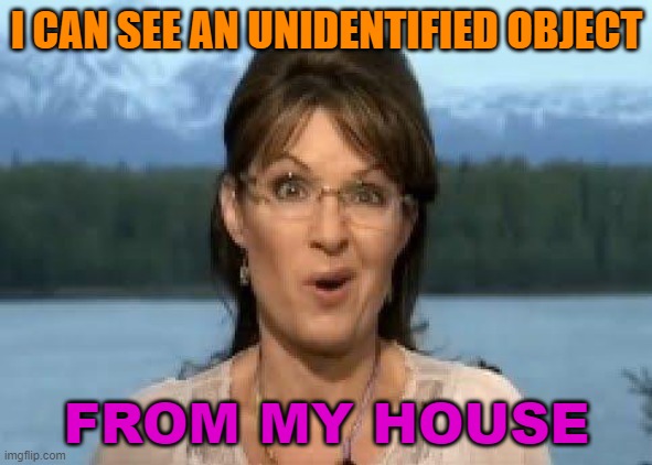 I Can See An Unidentified Object; From My House | I CAN SEE AN UNIDENTIFIED OBJECT; FROM MY HOUSE | image tagged in sarah palin | made w/ Imgflip meme maker
