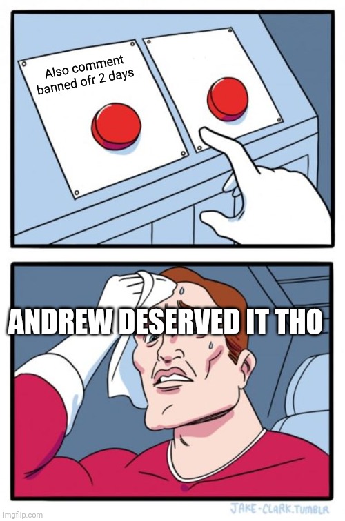 Two Buttons | Also comment banned ofr 2 days; ANDREW DESERVED IT THO | image tagged in memes,two buttons | made w/ Imgflip meme maker
