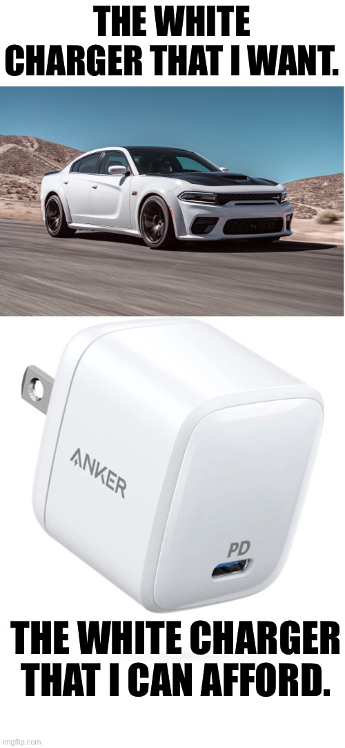 Charger | THE WHITE CHARGER THAT I WANT. THE WHITE CHARGER THAT I CAN AFFORD. | image tagged in bad pun | made w/ Imgflip meme maker