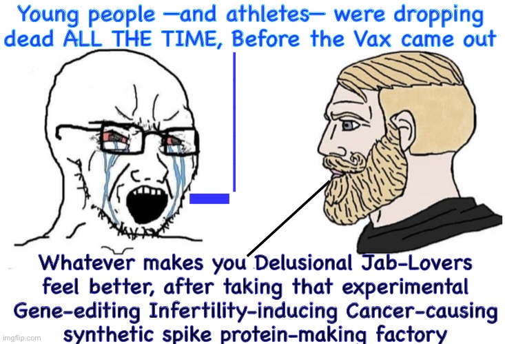 Like flies, before | Young people —and athletes— were dropping
dead ALL THE TIME, Before the Vax came out; I_____; ____; Whatever makes you Delusional Jab-Lovers
feel better, after taking that experimental
Gene-editing Infertility-inducing Cancer-causing

synthetic spike protein-making factory | image tagged in soyboy vs yes chad,killshot delusion,fjb voters,country killing fjb,all u stoopid dem fjb voters are responsible,kissmyass | made w/ Imgflip meme maker