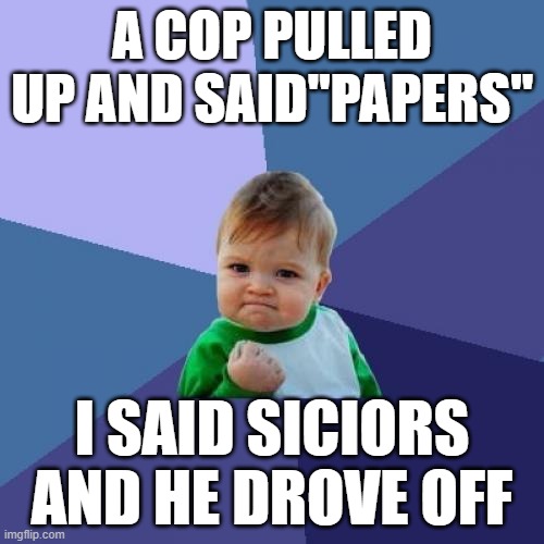 Success Kid Meme | A COP PULLED UP AND SAID"PAPERS"; I SAID SICIORS AND HE DROVE OFF | image tagged in memes,success kid | made w/ Imgflip meme maker