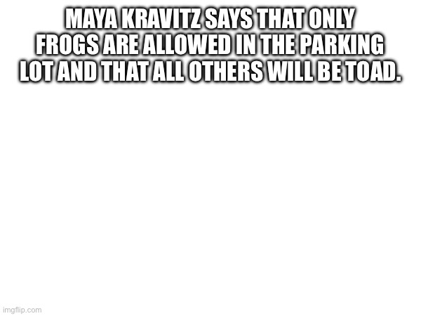 MAYA KRAVITZ SAYS THAT ONLY FROGS ARE ALLOWED IN THE PARKING LOT AND THAT ALL OTHERS WILL BE TOAD. | made w/ Imgflip meme maker