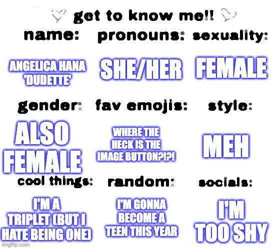 get to know me | ANGELICA HANA
'DUDETTE' FEMALE SHE/HER ALSO FEMALE WHERE THE HECK IS THE IMAGE BUTTON?!?! MEH I'M A TRIPLET (BUT I HATE BEING ONE) I'M GONNA | image tagged in get to know me | made w/ Imgflip meme maker