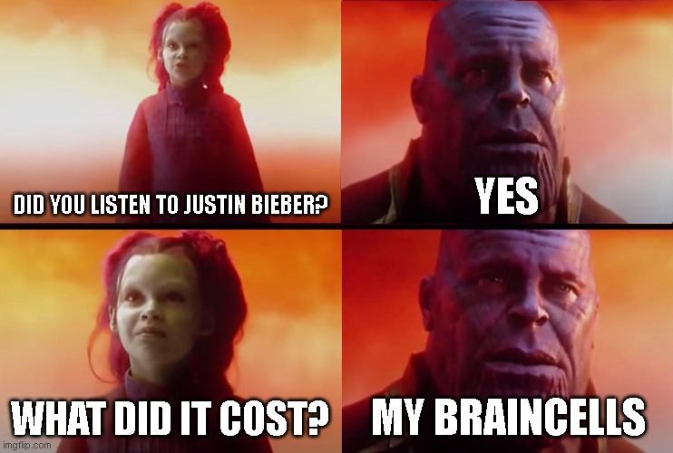 BaBy bAbY BaBy OhHhHhHhHhHh | DID YOU LISTEN TO JUSTIN BIEBER? YES; WHAT DID IT COST? MY BRAINCELLS | image tagged in thanos what did it cost | made w/ Imgflip meme maker