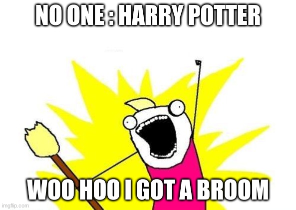 X All The Y Meme | NO ONE : HARRY POTTER; WOO HOO I GOT A BROOM | image tagged in memes,x all the y | made w/ Imgflip meme maker