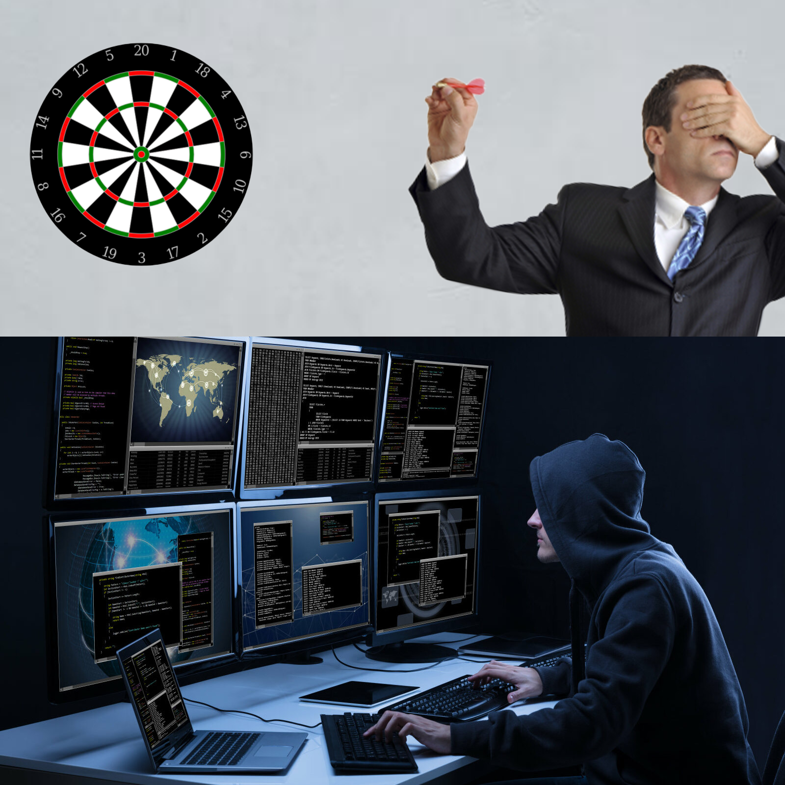 Shooting blindly at a dartboard vs careful consideration Blank Meme Template