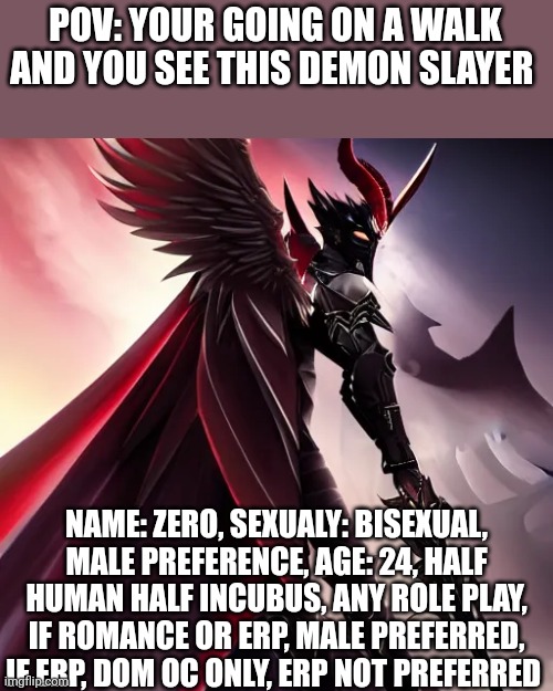 Like I said, erp not preferred, no joke, vehicle, bambi, op, or roblox ocs, male preferred if romance | POV: YOUR GOING ON A WALK AND YOU SEE THIS DEMON SLAYER; NAME: ZERO, SEXUALY: BISEXUAL, MALE PREFERENCE, AGE: 24, HALF HUMAN HALF INCUBUS, ANY ROLE PLAY, IF ROMANCE OR ERP, MALE PREFERRED, IF ERP, DOM OC ONLY, ERP NOT PREFERRED | image tagged in bisexual,demon slayer | made w/ Imgflip meme maker