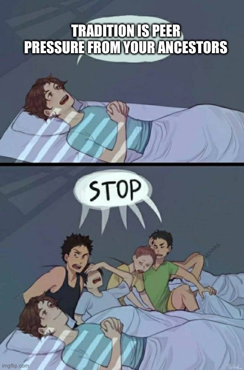 Sleepover Stop | TRADITION IS PEER PRESSURE FROM YOUR ANCESTORS | image tagged in sleepover stop,random facts,random tag i decided to put | made w/ Imgflip meme maker