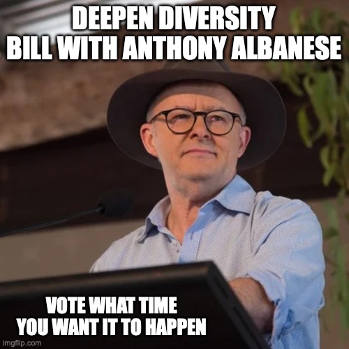 See comments for link, Vote Early Vote Often | DEEPEN DIVERSITY BILL WITH ANTHONY ALBANESE; VOTE WHAT TIME YOU WANT IT TO HAPPEN | image tagged in anthony albanese at garma festival,deepen diversity,deepen,diversity,bill | made w/ Imgflip meme maker