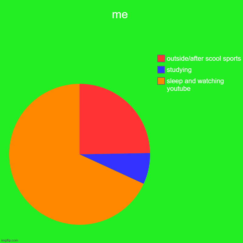 me | sleep and watching youtube, studying , outside/after scool sports | image tagged in charts,pie charts | made w/ Imgflip chart maker