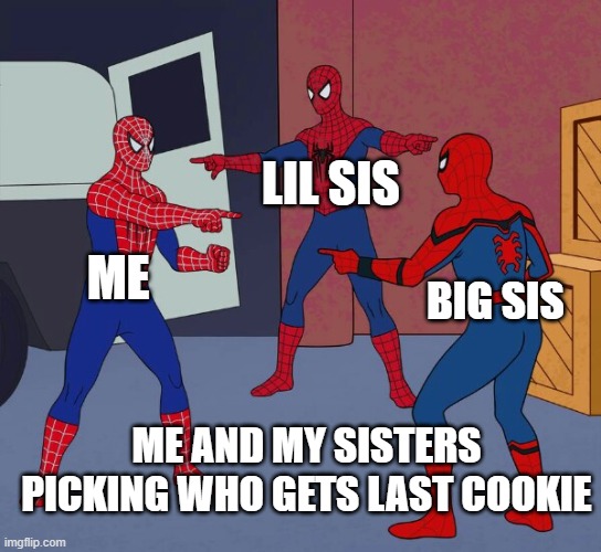 Spider Man Triple | LIL SIS; ME; BIG SIS; ME AND MY SISTERS PICKING WHO GETS LAST COOKIE | image tagged in spider man triple | made w/ Imgflip meme maker