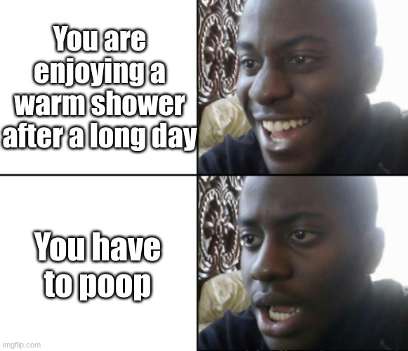 bruh | You are enjoying a warm shower after a long day; You have to poop | image tagged in happy / shock,memes | made w/ Imgflip meme maker