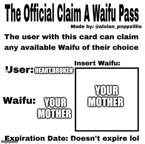 Official claim a waifu pass | HEART.BROKEN; YOUR MOTHER; YOUR MOTHER | image tagged in official claim a waifu pass | made w/ Imgflip meme maker