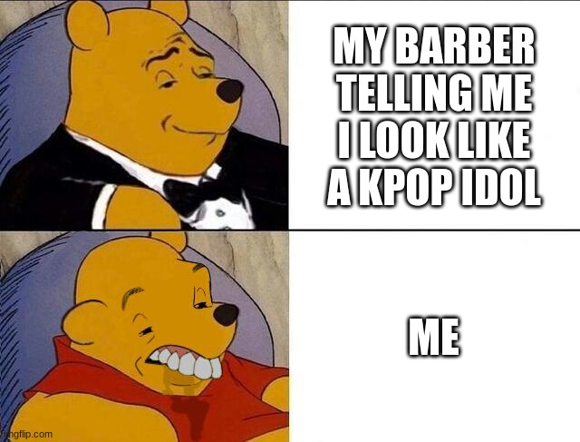 I'm not that handsome | MY BARBER TELLING ME I LOOK LIKE A KPOP IDOL; ME | image tagged in tuxedo winnie the pooh grossed reverse | made w/ Imgflip meme maker