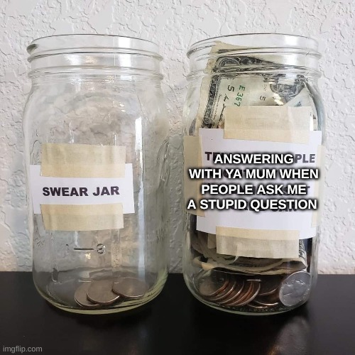 Swear Jar | ANSWERING WITH YA MUM WHEN PEOPLE ASK ME A STUPID QUESTION | image tagged in yall got any more of,swear jar,lol so funny,why are you reading this,shut up and take my upvote,oh god i have done it again | made w/ Imgflip meme maker