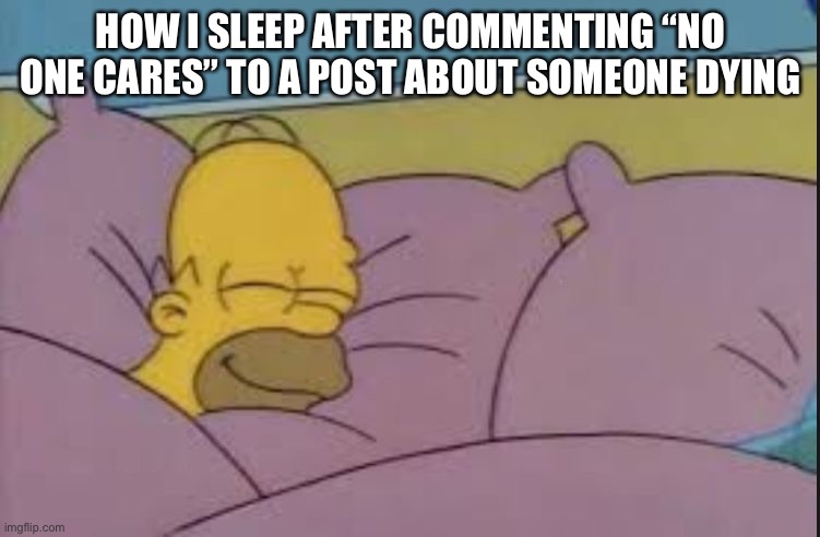 MEGA BASED | HOW I SLEEP AFTER COMMENTING “NO ONE CARES” TO A POST ABOUT SOMEONE DYING | image tagged in how i sleep homer simpson | made w/ Imgflip meme maker