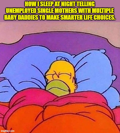 How I sleep at night | HOW I SLEEP AT NIGHT TELLING UNEMPLOYED SINGLE MOTHERS WITH MULTIPLE BABY DADDIES TO MAKE SMARTER LIFE CHOICES. | image tagged in homer simpson sleeping peacefully,single mom,baby daddy,life lessons | made w/ Imgflip meme maker