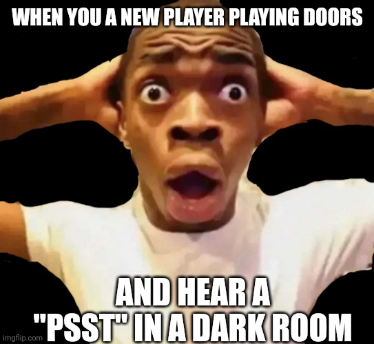 Shocked black guy grabbing head | WHEN YOU A NEW PLAYER PLAYING DOORS; AND HEAR A "PSST" IN A DARK ROOM | image tagged in shocked black guy grabbing head | made w/ Imgflip meme maker