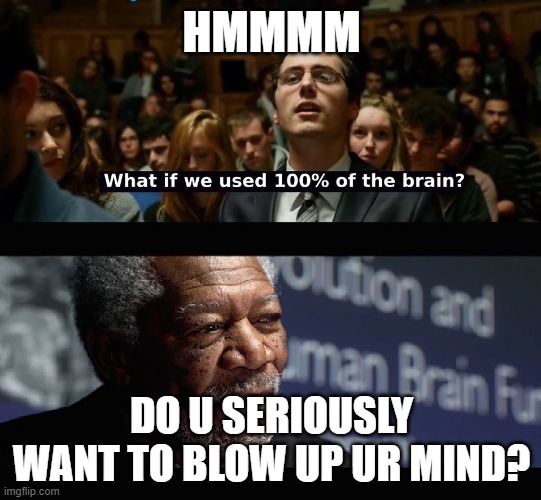 What if we used 100 % of the brain? | HMMMM; DO U SERIOUSLY WANT TO BLOW UP UR MIND? | image tagged in what if we used 100 of the brain,bruh,seriously,oh wow are you actually reading these tags | made w/ Imgflip meme maker