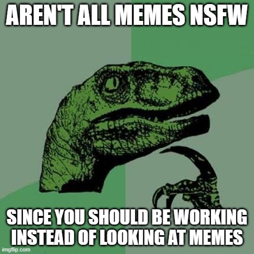 Philosoraptor | AREN'T ALL MEMES NSFW; SINCE YOU SHOULD BE WORKING INSTEAD OF LOOKING AT MEMES | image tagged in memes,philosoraptor | made w/ Imgflip meme maker