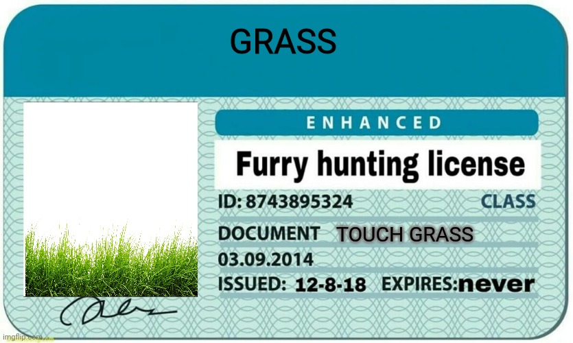 furry hunting license | GRASS; TOUCH GRASS | image tagged in furry hunting license,anti furry | made w/ Imgflip meme maker