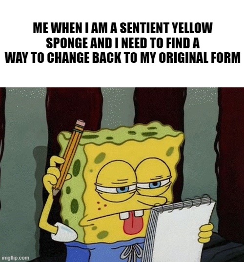 the memories are fading fast help | ME WHEN I AM A SENTIENT YELLOW SPONGE AND I NEED TO FIND A WAY TO CHANGE BACK TO MY ORIGINAL FORM | image tagged in spongebob thinking,bone hurting juice,meta | made w/ Imgflip meme maker