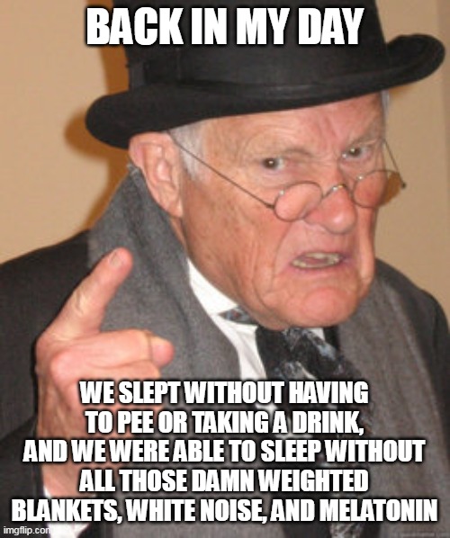 Back In My Day | BACK IN MY DAY; WE SLEPT WITHOUT HAVING TO PEE OR TAKING A DRINK, AND WE WERE ABLE TO SLEEP WITHOUT ALL THOSE DAMN WEIGHTED BLANKETS, WHITE NOISE, AND MELATONIN | image tagged in memes,back in my day,meme,funny,relatable | made w/ Imgflip meme maker